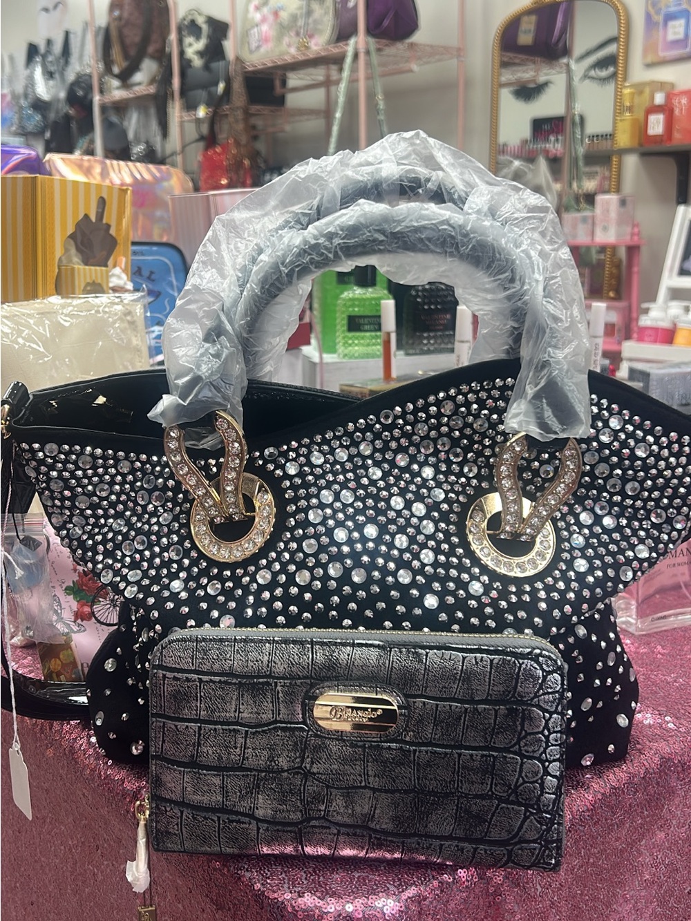 Studded Black Tote Bag with Matching Wallet